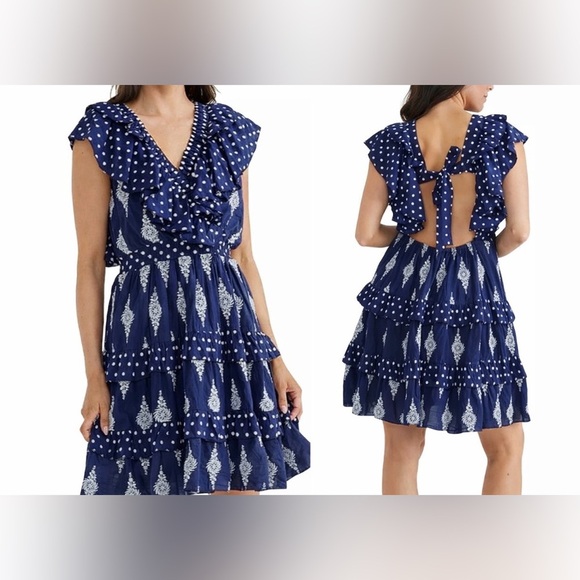 talisman Dresses & Skirts - Talisman Kiki Navy Blue Ruffle Tiered Mini Dress Open Back Boho Resort XS